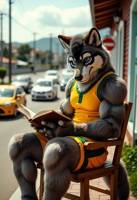 highly detailed and lifelike 3D rendering of a fursuit wolf, male, muscular, and anthro, seated on a wooden chair outdoors. The wolf is wearing a casual yet vibrant outfit inspired by Brazilian culture: a bright yellow tank top with green trim, paired with...