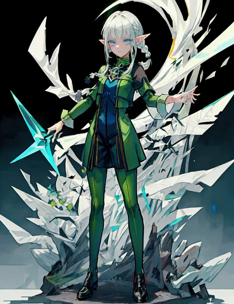 Black background with spotlight 、Green clothing、 short silver hair braided in Rinwell style、 pointed ears、Elf、 blue eyes、 Rough Outfit 、 long lashes