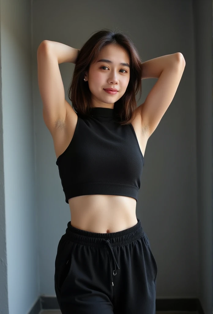 25 years old beautiful young woman, shoulder-length hair, 4K high-definition masterpiece, excellent quality, smooth skin, clear focus (natural light, beautiful light, very good light), dynamic angle, face details, natural breasts, wearing a high-neck crop ...