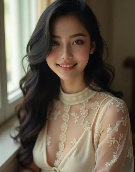 smile, A young woman with a serene and elegant expression is sitting in a softly lit room. She is wearing a delicate, sheer lace top with intricate floral patterns and a high neckline, which exudes a romantic and vintage charm. Her dark, silky black hair i...