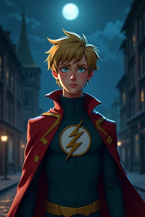 Scooby Doo type design, flash hero, ((flash hero uniform)), straight, no beard, blonde hair, intellectual style, blue eyes, messy hair, normal chin, night landscape