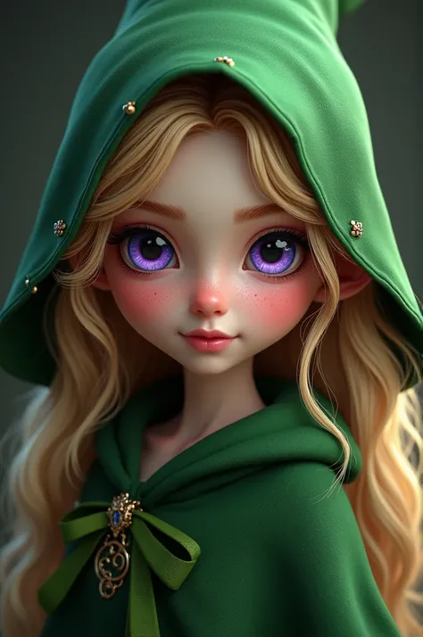 Cute girl with bright pink cheeks Cute  wearing a Slytherin magic school cape, blonde, long hair, purple and black eyes.