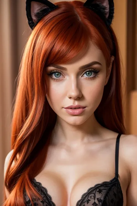 a close up of a woman in an black lingerie posing, amouranth, better known as amouranth, madison beer as leeloo, anna nikonova aka newmilky, black lingerie, young beautiful amouranth, redhead girl, thicc, official product photo, beautiful young catgirl, jo...