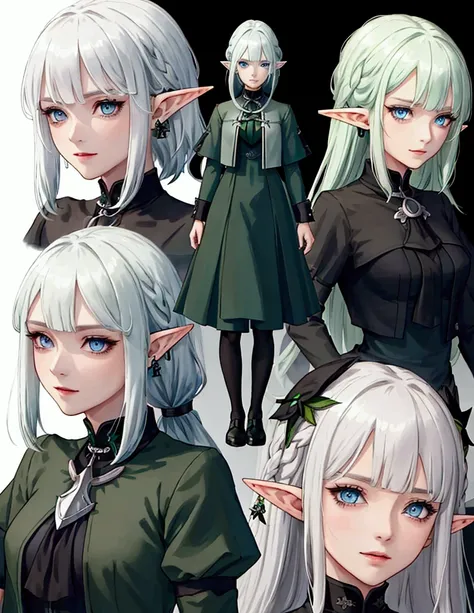 Black background with spotlight 、Green clothing、 short silver hair braided in Rinwell style、 pointed ears、Elf、 blue eyes、 Rough Outfit 、 long lashes