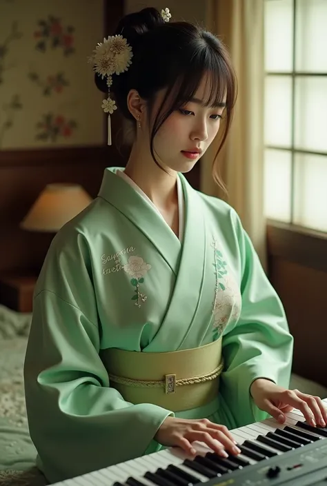 Best art photography ,HDR, UHD,5d,medium shoot of art a very beautiful women , medium makeup, light skin , Japanese art hair style,wearing an elegant light green kimono with the kanji written firmly,for  sayonara nokatsu "playing elektrik keyboard ,hi is e...