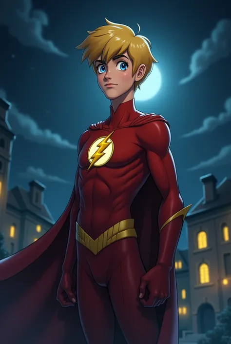 Scooby Doo type design, flash hero, ((flash hero uniform)), straight, no beard, blonde hair, intellectual style, blue eyes, messy hair, normal chin, night landscape