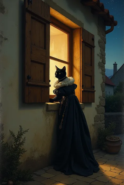 Peinture dans le style renaissance. Un chat noir habillé frappant à la fenêtre dune maison de bretonne en pleine nuit. Résolution maximum.