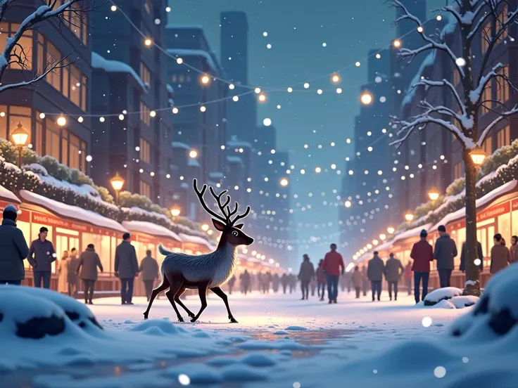 a modern Christmas city night, snow fall, snow on the ground, ren playing, adults walking and socializing, 