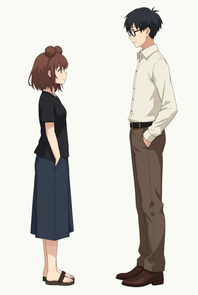 A very taller girl in dark blue trousers, a short black T-shirt, sandals, her hair is gathered in two buns and a modest shy guy in a white shirt, glasses, brown trousers, brown shoes, stand opposite each other,  Japanese, photo