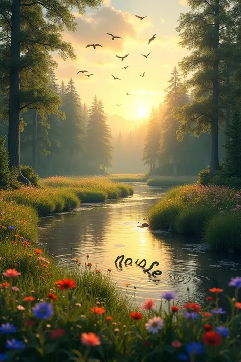 Create a serene natural-themed image featuring a lush forest during golden hour, a gentle river, and a meadow with vibrant flowers. The word "HEART" appears subtly in the ripples of the water, while "NOISE" is formed by birds fluttering in the sky. The sce...