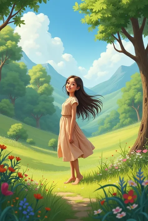 A pretty girl in a peasant baggy dress stands in the middle of a valley with beautiful trees and flowers