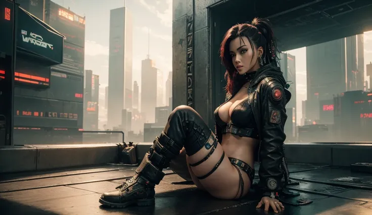 Sexy cyberpunk girl sitting on a rooftop watching a dystopian cyberpunk landscape 