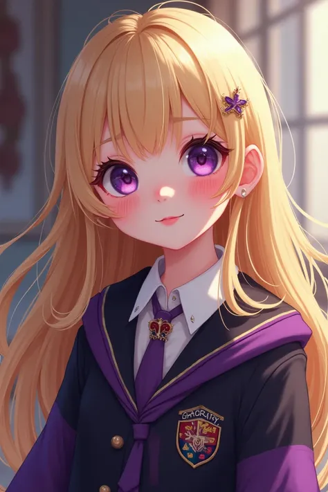 Cute girl with bright pink cheeks Cute  wearing a Horquartz school robe, blonde, long hair, purple and black eyes.