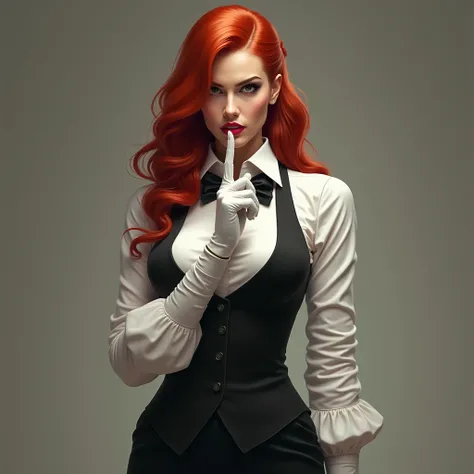  beautiful busty woman, standing, sturn faced, red hair, wearing white shirt, black waistcoat, black bow tie, white gloves staring at the us SHHH!