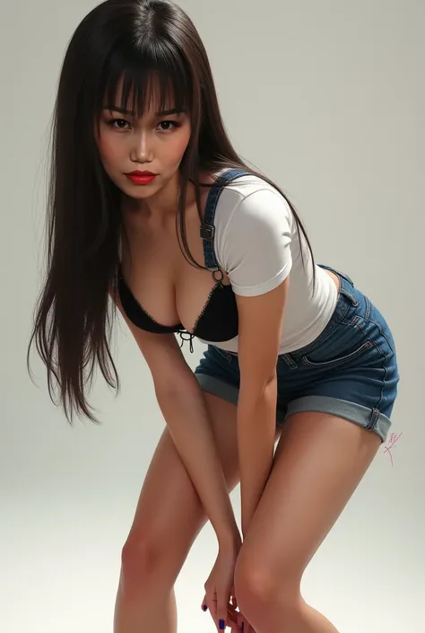 A girl with smooth straight hair in a short denim skirt with a white fitted big booty shirt and a black bra and black high-heeled shoes bends over and looks at the camera