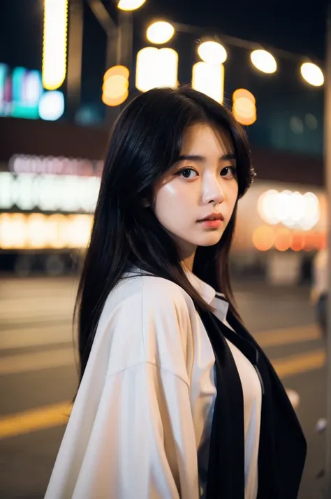 (Cinematic Aesthetic:1.4) Photo of a beautiful korean fashion model bokeh city night