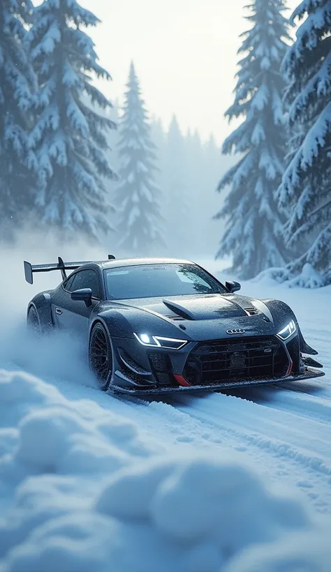 A snowy Arctic landscape, a powerful sports car burning through the fog, (best quality,4k,8k,highres,masterpiece:1.2),ultra-detailed,(realistic,photorealistic,photo-realistic:1.37),extremely detailed sports car,extremely detailed snowy landscape,snow-cover...