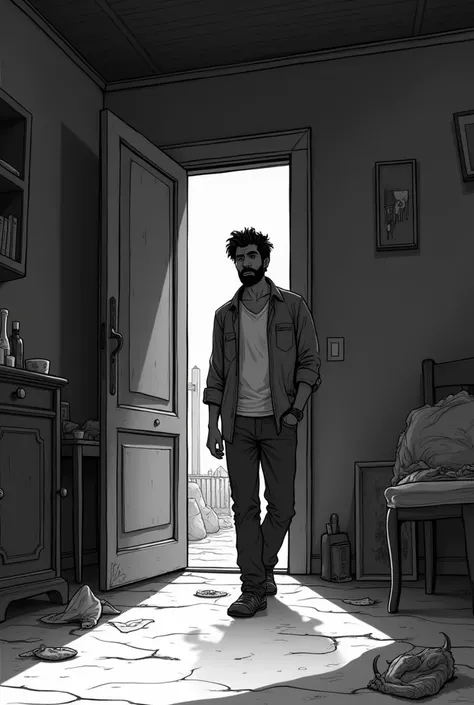 Situation " Imran returns home after exhaustion from a days work.  When he gets into the house , He was looking for his wife, but his wife was gone." in black and white 2D cartoon painting.