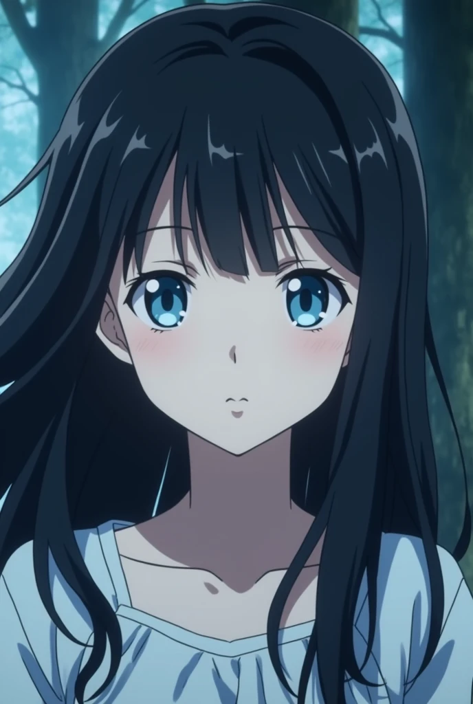 A screenshot from the Hunter anime, a girl with long black hair up to her waist, light skin and heavenly blue eyes 