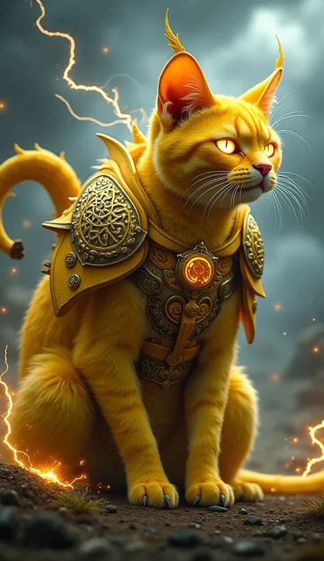 Create 32k ultra-realistic image of a dangerous, mutated hybrid fusion of Cat, Banana, and Mjölnir as a costume. This evolution features a sleek, powerful cat with smooth fur, its body adorned with vibrant yellow banana peel textures that glow with a mysti...