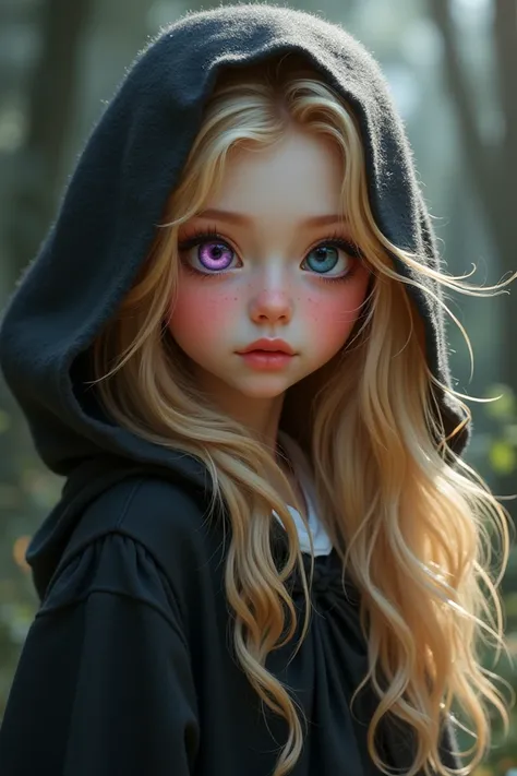 Cute girl with bright pink cheeks A cute  wearing a black Horquartz school robe, blonde, long hair, purple and black eyes.