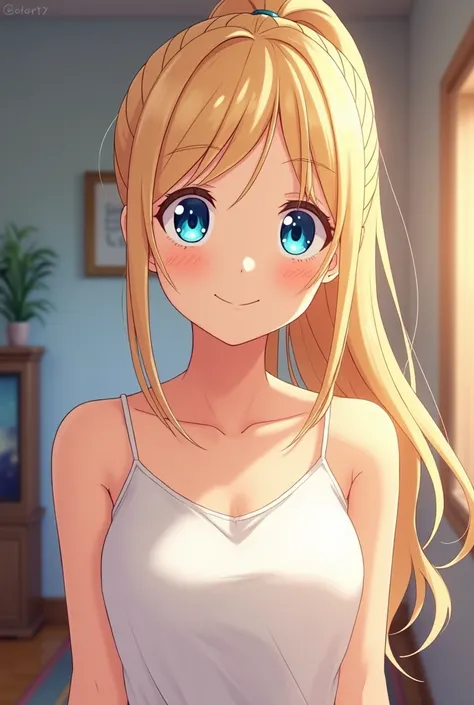 A close view of young anime woman standing in a living room, with long blonde hair with ponytail and blue eyes, wearing white tank top with thin straps, looking with smile