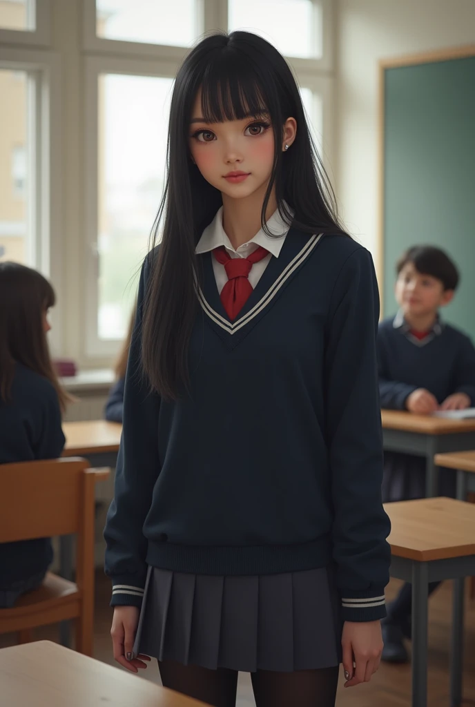 woman nordic black hair in her 27-s in comfy school uniform, wearing black pontyhose, in the class room hyper realistic
