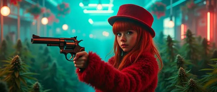 Redhead girl, шапочка какошник на голове red shaggy coat with a revolver цветочная лавка big eyes teeth  short stature neon на фоне плантация цветов и конопли long face 80s dark film effect film vhs action vice city retrodvd panavision 70 metro scene, blue...