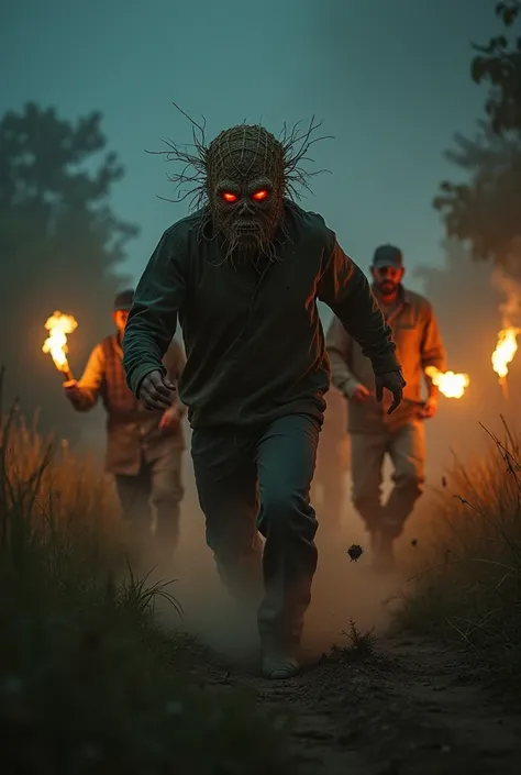 Man wearing terrifying jute mask is chased by farmers at night that is realistic 