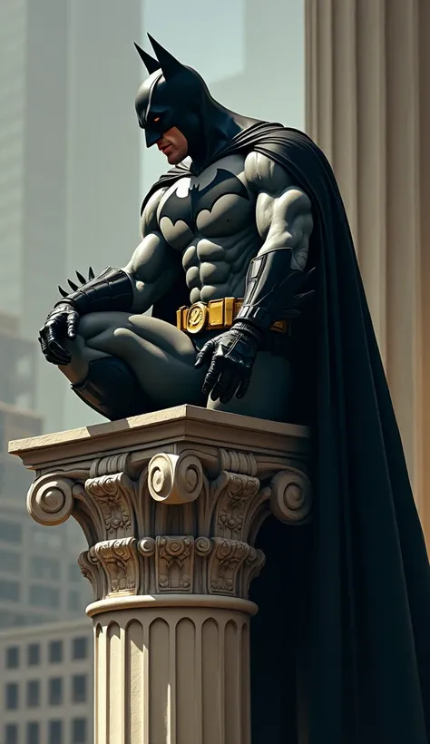 [Batman, perched atop a classical column, contemplative and brooding,  a sense of quiet intensity], [Digital painting,  Niji style illustration], [Inspired by Alex Ross and  Frank Miller], [Rich, saturated color palette,  focus on dramatic lighting and sha...