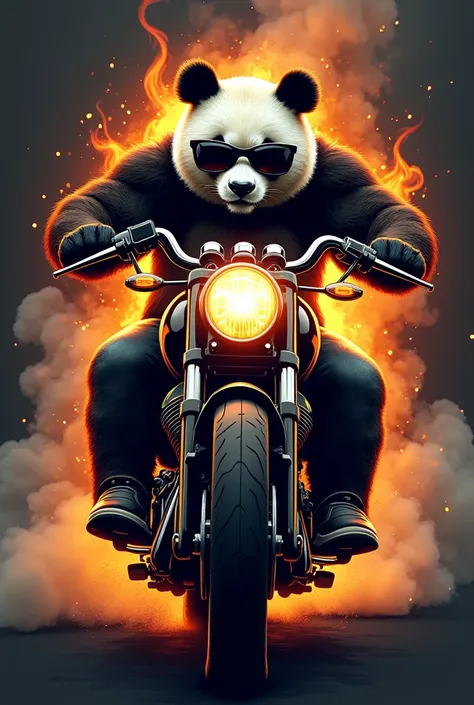 Badass panda riding motorcycle with shades. fire and smoke background .make it logo for a vest