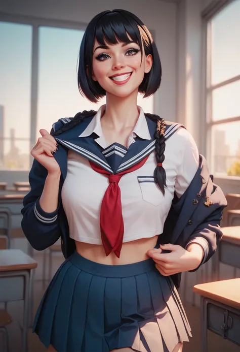 ((2 sexy young girls ,Improve))nsfw, glamorous,  voluminous, Curvy,Black braids , bob cut black hair,stand,(( school uniform,)) white skin, 青 white skin,Happy smile. Flashing 