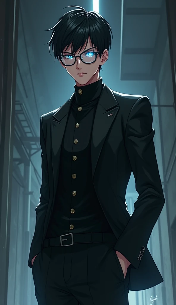  Anime boy wearing black glasses and jacket,  . Anime drawing inspired by Okumura Masanobu, Tumblr, What is it??, hitman reborn,  tall man in anime with blue eyes ,  is an anime character , Okata Kazuto,  with purple glowing eyes , anime style character,  ...