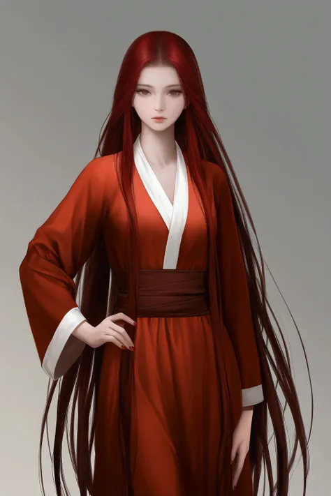 red hair ,red hanfu, small breasts, very long hair, expressionless, masterpiece, best quality, realistic, 8k, official art, cinematic light, ultra high res, perfect female body, sharp focus, guofeng, 1girl, solo, chinese clothes, realistic, nail polish, st...