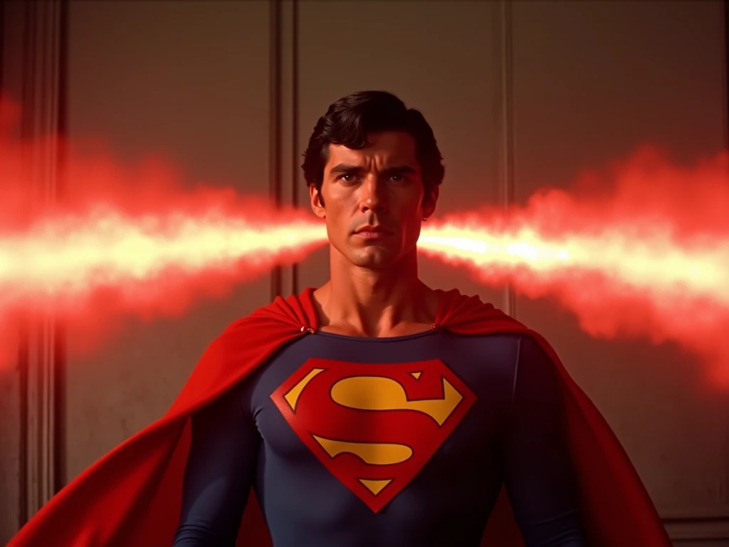 inematic film still of Christopher Reeve, Kal-El, Kryptonian, Man of Steel, Superman a 1970s man in a red cape unleashing massive blasts of red "heat vision" through the eyes, in focused beams of heat ,solo,black hair,1boy,upper body,male focus,cape,facial...