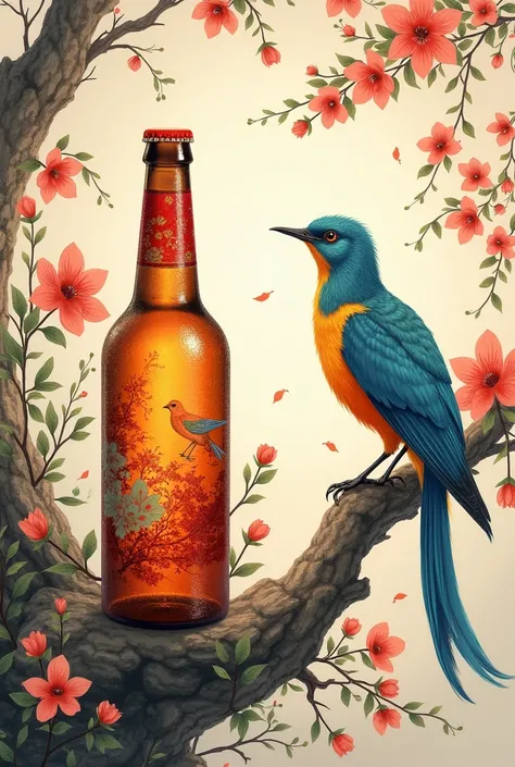 There was a bottle of beer，There are birds and flowers on it,  Chinese Style Painting ,  A beautiful artwork illustration,  Oriental Wallpaper ,  Chinese watercolor style , Chinese painting style,  traditional Chinese art , Wallpaper Art,  Ancient Chinese ...