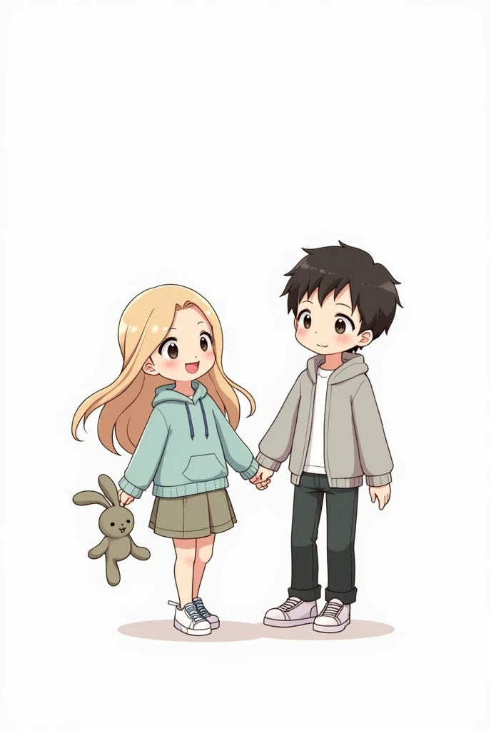 Chibi、 white background 、 pastel gray hoodie 、 holding a rag rabbit in one hand、NIKE sneakers、 male and female couples、smile、 girl with long light beige hair 、Boy with short black hair 、 holding hands、