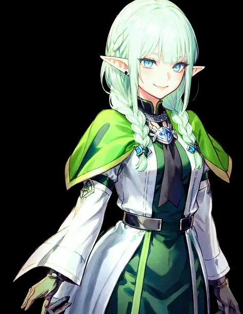 Black background with spotlight 、Green clothing、 short silver hair braided in Rinwell style、 pointed ears、Elf、 blue eyes、 Rough Outfit 、 long lashes,smile、Mr.々Expression
