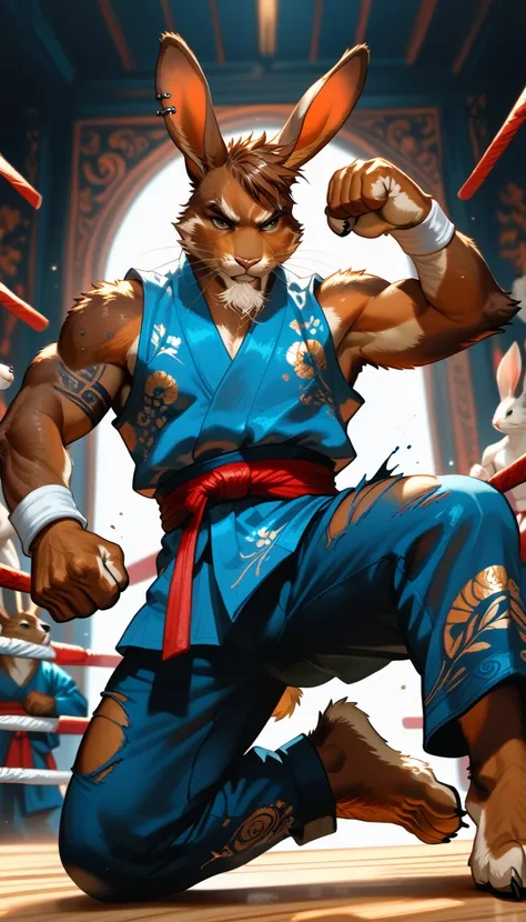 Solo, Masculine rabbit Man, ((furry)), brown fur, goatee, long pierced ears, bunny tail, Lepori Monk, Martial Artist, Shirtless, Rabbit Furry, Kicks, Ripped Pants, Fighting, Kicking, Fantasy