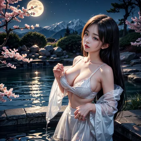 a beautiful young girl，Firm Big  ，Upright nipples，cleavage，Cast a soft glow on a quiet ，Moonlight Obsidian ，Standing in a hot spring environment full of flowers，Translucent white tulle skirt， A detailed pattern and design ，get wet，A beautiful Japanese girl...