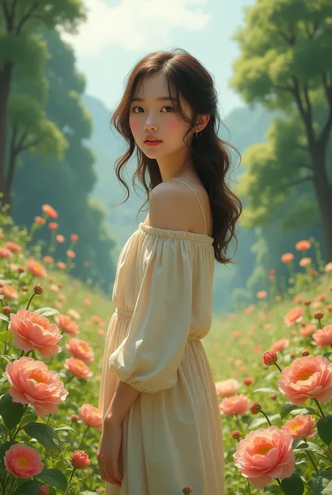 The face of a pretty girl in a cozy baggy dress stands in the middle of a valley with beautiful trees and flowers.