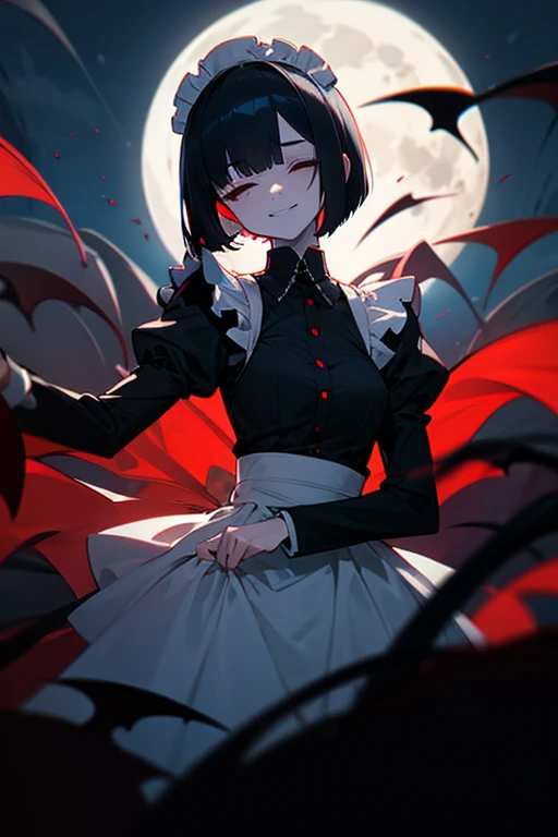  closes the eye, black hair, short bob , white skin, slender ,woman,Blind, closes the eye,Black long sleeve maid outfit,Full moon night,Cruel smile,vampire