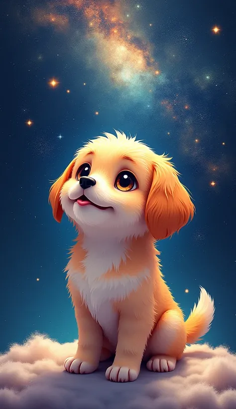 Conceptual art. Double exposure collage. Chibi. 3D color sketch. Sticker. 16K. UHD. high quality, photorealism. Thematic background. Dynamic plot. Space. Stars. Happy fluffy puppy looks at the starry sky. Happy eyes. Rich colors. Stunning full color design...