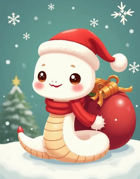 Cute cartoon japanese kawaii White snake, Sticker style, wear red santa hat, wear Christmas scarf, Hold Big red bag on back, Christmas theme