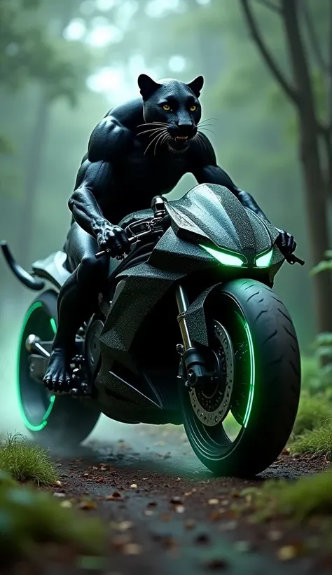 "The panther rides the stealth bike, its paws gripping the claw-like handlebars as its tail wraps around the frame for balance. The bike’s body now resembles the panther’s sleek, fur-textured design, with the front transforming into a sharp, angular face. ...