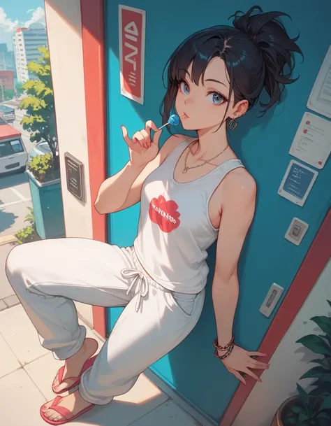 anime style, 1 woman, dynamic angle, squart, sleeveless shirts, loose pants, flip flop, lollipop