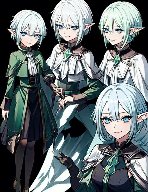 
Black background with spotlight 、Green clothing、 short silver hair braided in Rinwell style、 pointed ears、Elf、 blue eyes、 Rough Outfit 、 long lashes,smile、Mr.々Expression
