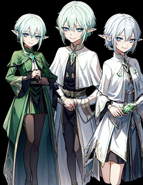 
Black background with spotlight 、Green clothing、 short silver hair braided in Rinwell style、 pointed ears、Elf、 blue eyes、 Rough Outfit 、 long lashes,smile、Mr.々Expression
