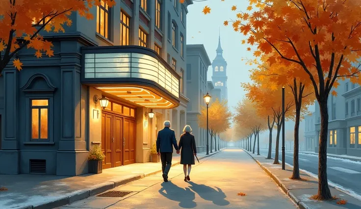 The captivating watercolor shows a magical moment, depicting the moment when an elderly couple, holding hands, leave the building with the inscription "Apollo Cinema" on it. They go out into the street, discussing lively on a beautiful autumn evening. The ...