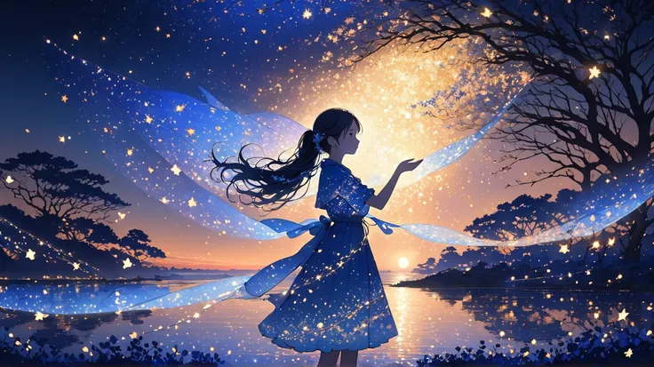 The image depicts a silhouette of a girl standing against a stunning sunset background. The sky transitions from a deep White, near the horizon to a deep Electric blue as it ascends. The figure appears to be enveloped in a series of tiny glowing fairy ligh...